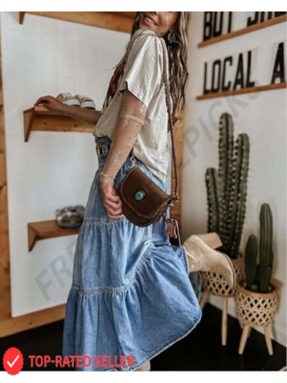 Women's High Waist Denim Maxi Skirt Button Boho Flowy Ruffle Swing A-Line Long - Picture 4 of 6